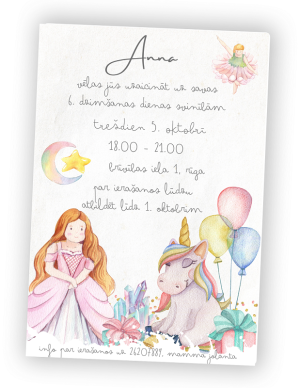 Digitāls dzimšanas dienas ielūgums 'Princese un vienradzis'